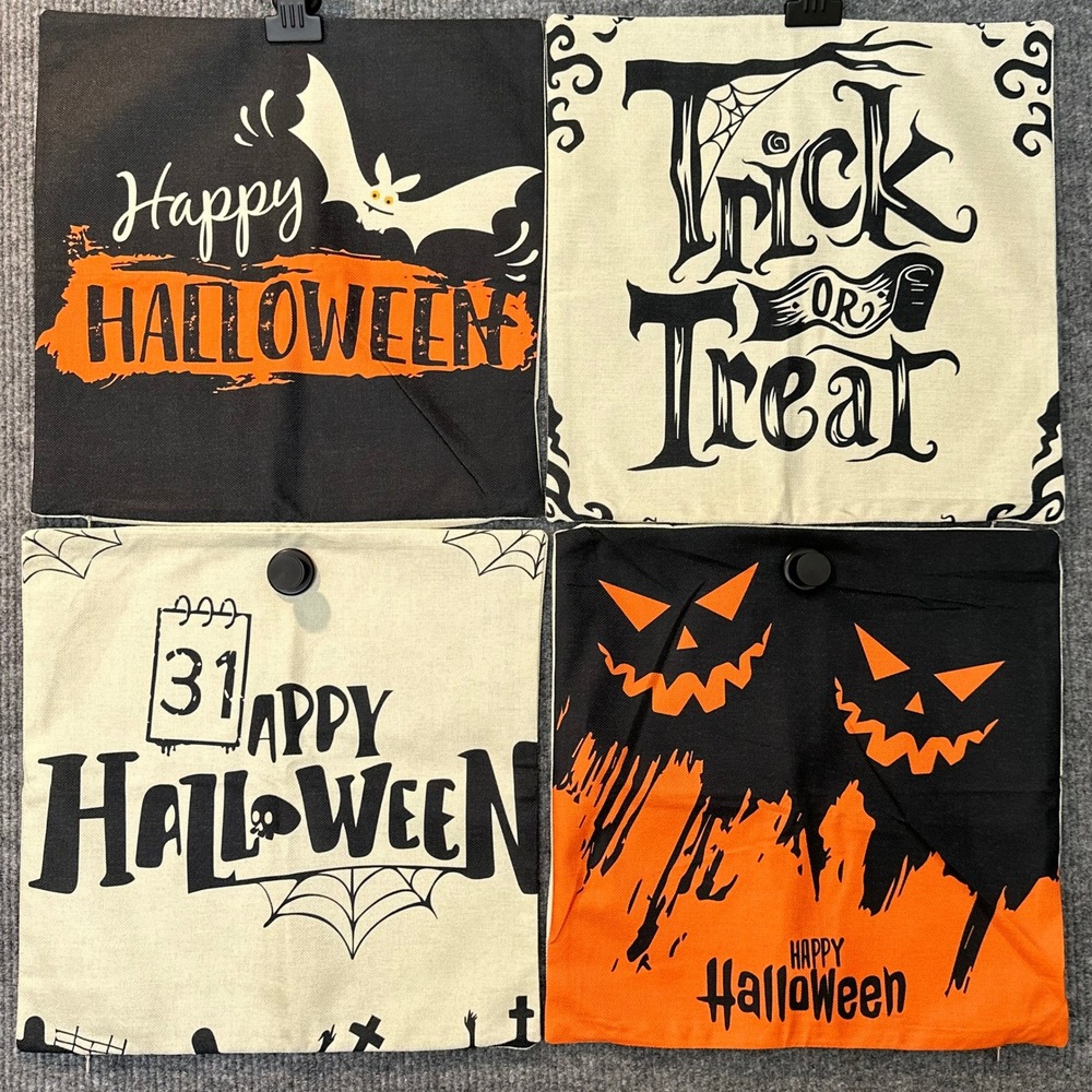 Halloween Throw Pillow Covers 18x18 Set 4 Linen Fall Autumn Decor Trick or Treat